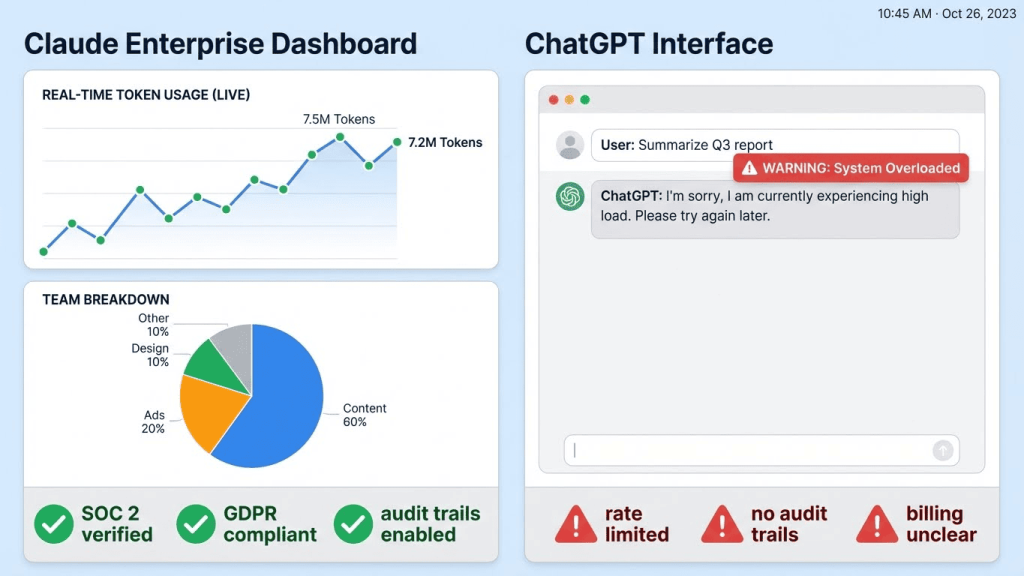 Claude Enterprise dashboard showing team usage breakdown and compliance certifications vs ChatGPT's rate limiting warnings