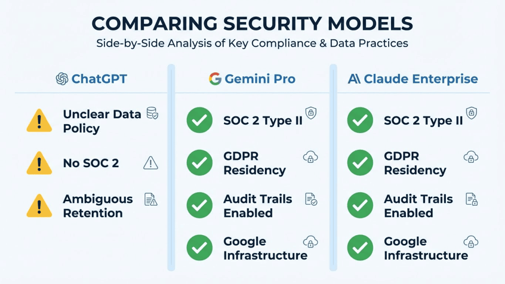 Security certification comparison: ChatGPT's ambiguous policies vs Gemini Pro and Claude Enterprise's explicit compliance guarantees