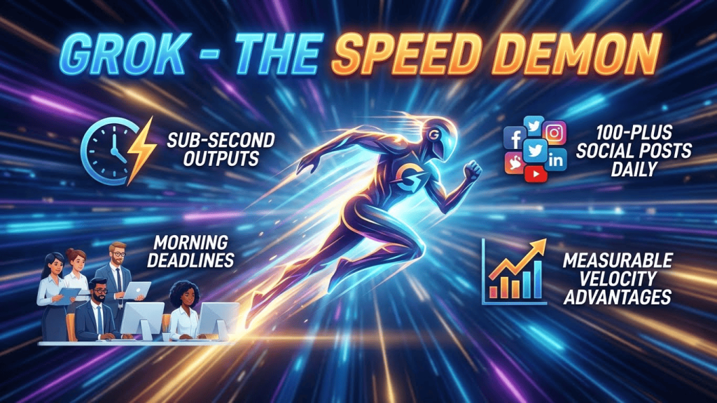Speed benchmark comparison: Grok's 1.1-second response time vs competitors' 2.5-3.2 seconds for real-time data queries