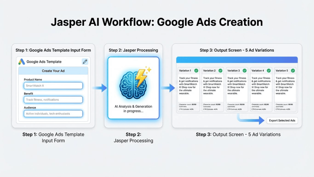 Jasper's template-to-output workflow: Input fields → AI processing → Multiple copy variations with optimization metrics