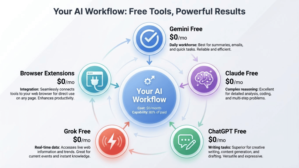 Free AI stack architecture: Five free tools positioned around a central workflow hub, each labeled with cost and primary function