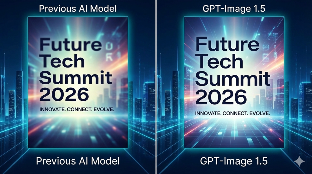 Comparison of AI text generation: old garbled text vs. clear, legible text by GPT-Image 1.5 for a future tech poster.