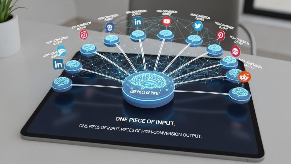 AI content distribution workflow chart on a digital tablet