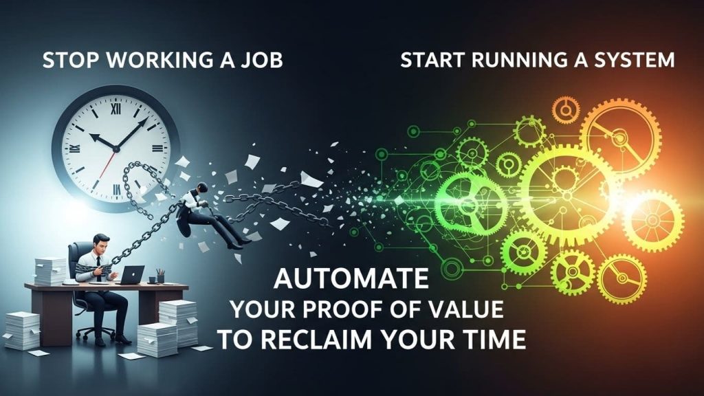A conceptual image comparing a worker chained to a clock (manual labor) vs a glowing mechanical system (automation), with text about reclaiming time through automation