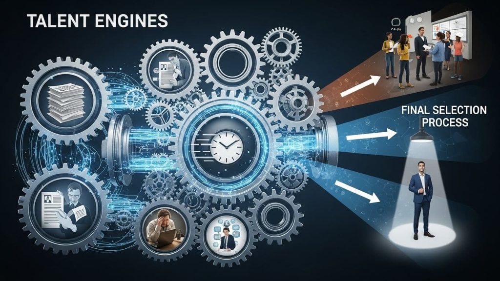 Automated recruitment bridge visualizing the talent acquisition pipeline and candidate scoring