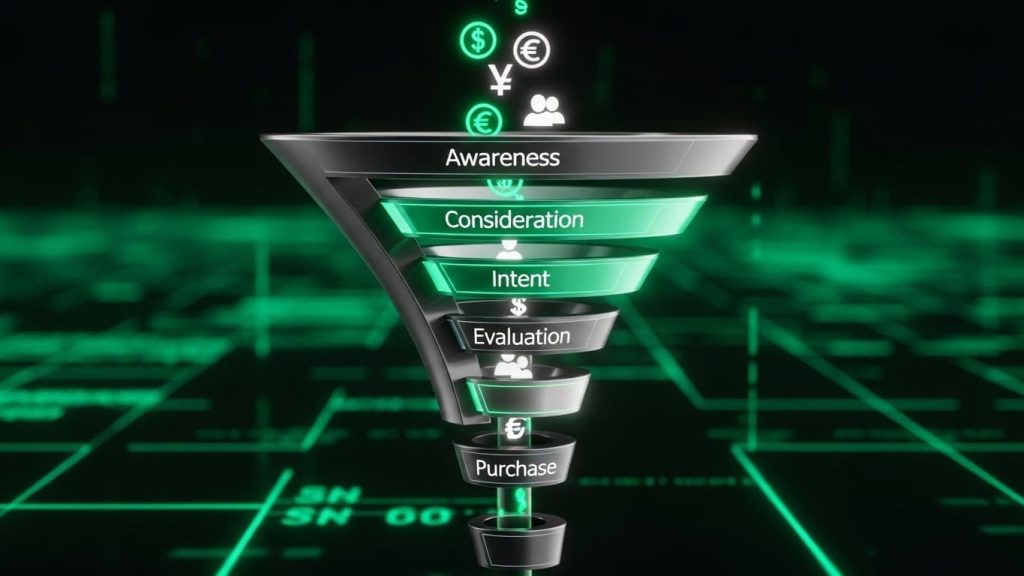3D digital sales funnel with emerald green accents representing lead generation