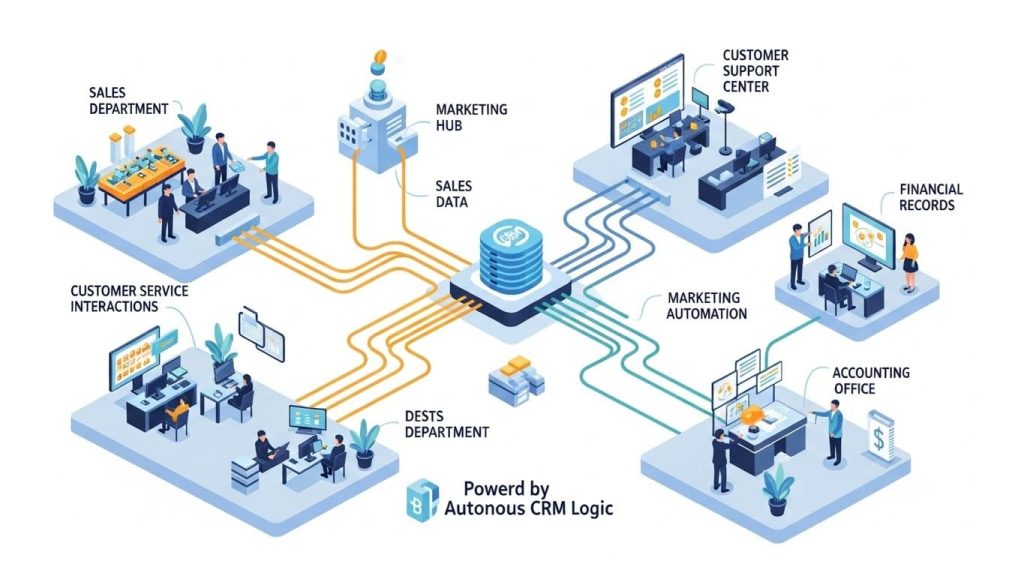 Visual map of autonomous CRM logic piping data across a business infrastructure