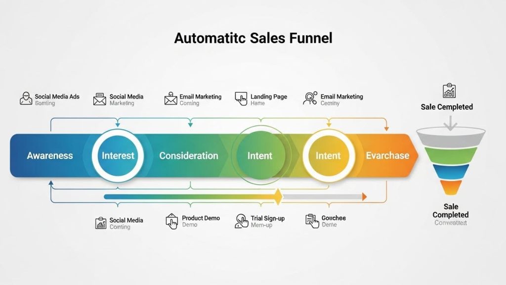 Automated sales funnel architecture visualizing the lead conversion journey