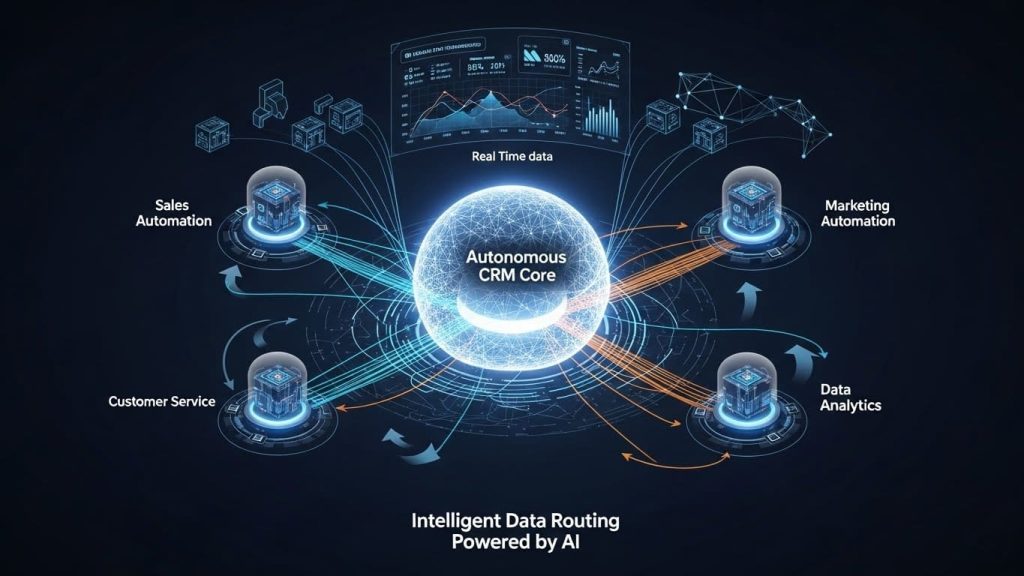 Autonomous CRM architecture showing intelligent data routing and logic piping