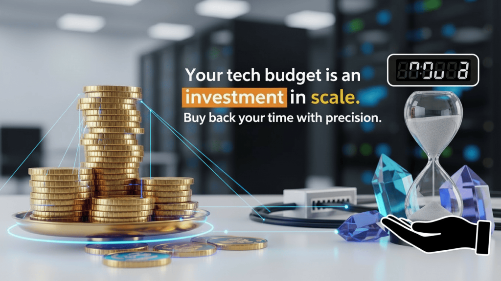 Minimalist 3D geometric shapes representing strategic tech budget allocation