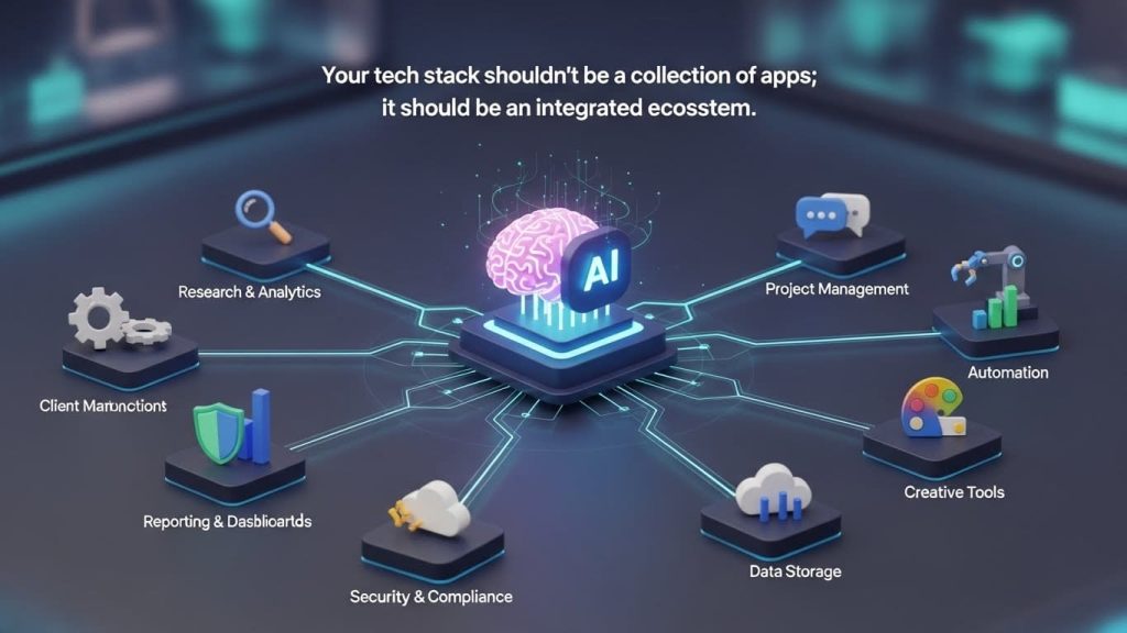 3D visual representation of a curated AI agency tool stack