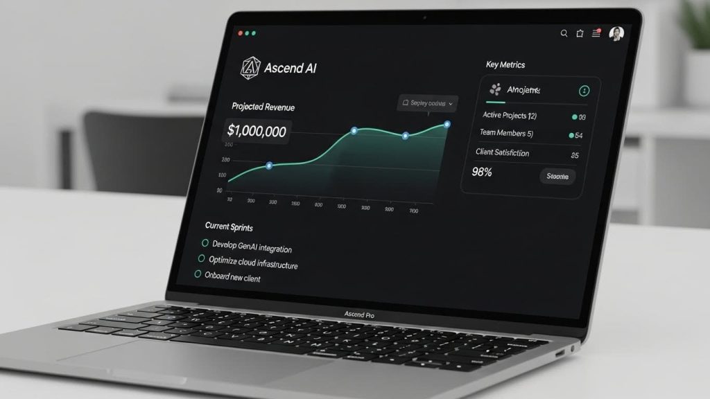 Minimalist AI agency dashboard on MacBook Pro