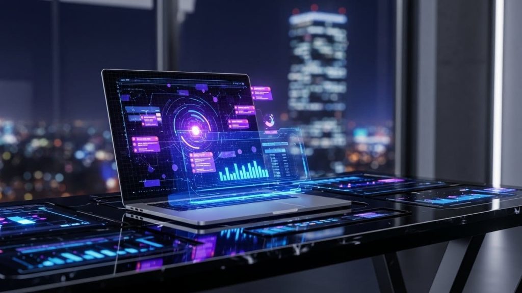 Futuristic AI agency command center with holographic data dashboard