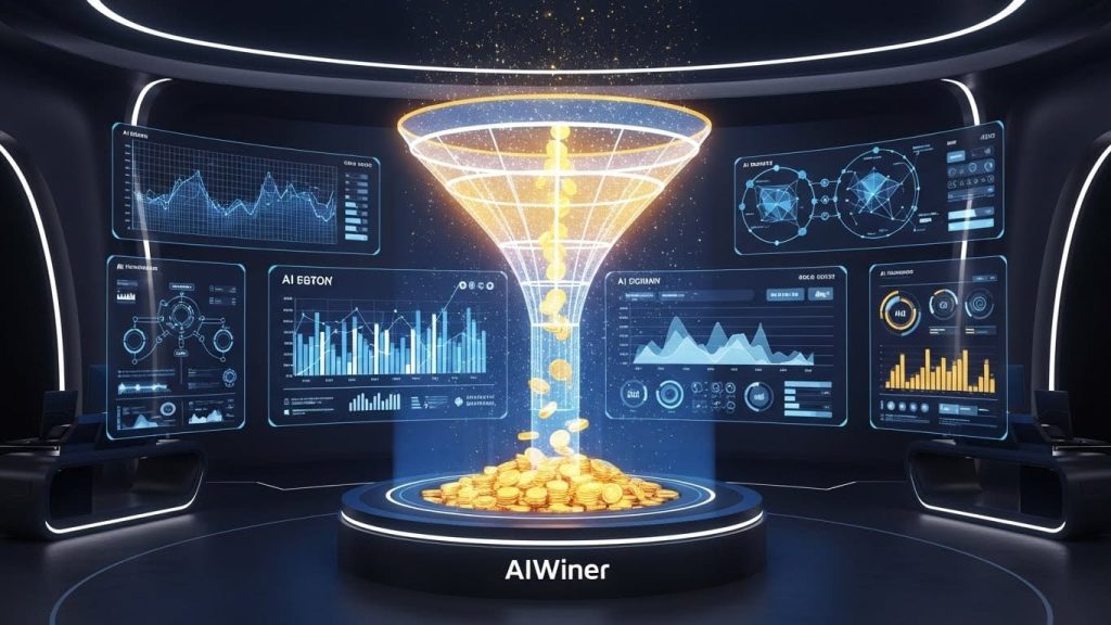 Futuristic AI business command center showing a digital lead generation funnel turning data into growth