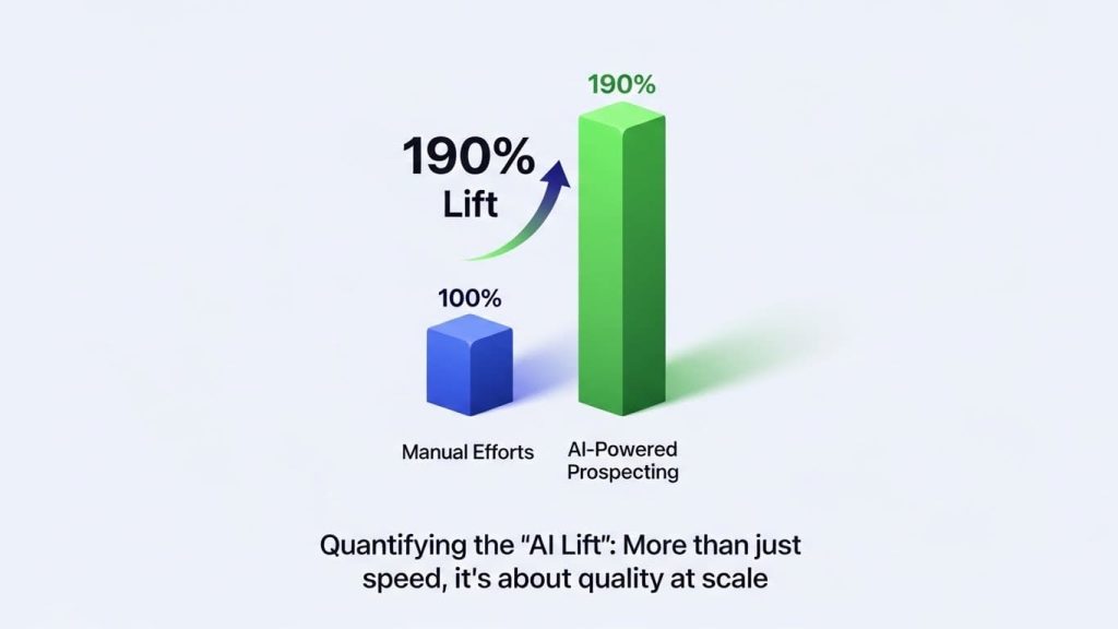 A 3D bar chart showing a 190% lift in response rates for AI-powered prospecting compared to manual efforts
