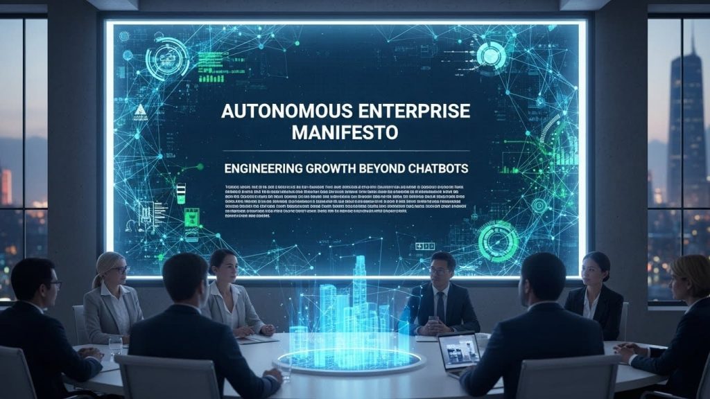 Executive board meeting in a futuristic office discussing the Autonomous Enterprise Manifesto for scaling beyond simple AI chatbots
