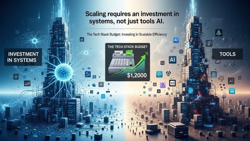 Infographic comparing long-term investment in business systems versus the accumulation of AI tools, featuring a futuristic city and growth metrics