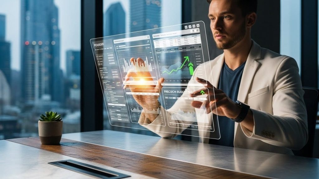 Entrepreneur analyzing financial growth data on a futuristic holographic dashboard in a modern office