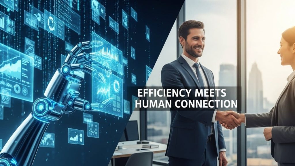 AI handling data processing on one side and a human professional closing a deal on the other