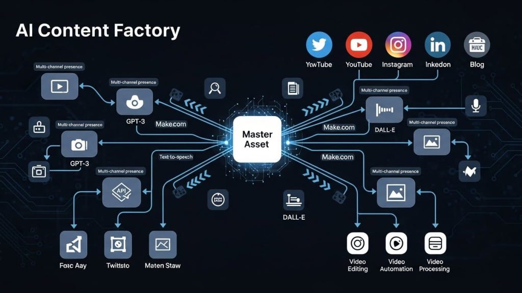 echnical setup of an AI content factory using, Make.com