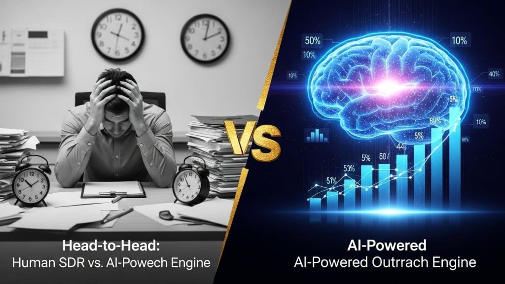 A split-screen comparison showing a stressed manual sales worker versus a high-tech AI growth engine with data charts