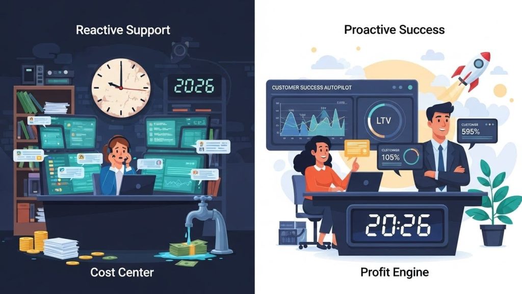 Comparison between reactive customer support as a cost center and proactive automated customer success as a profit engine in 2026