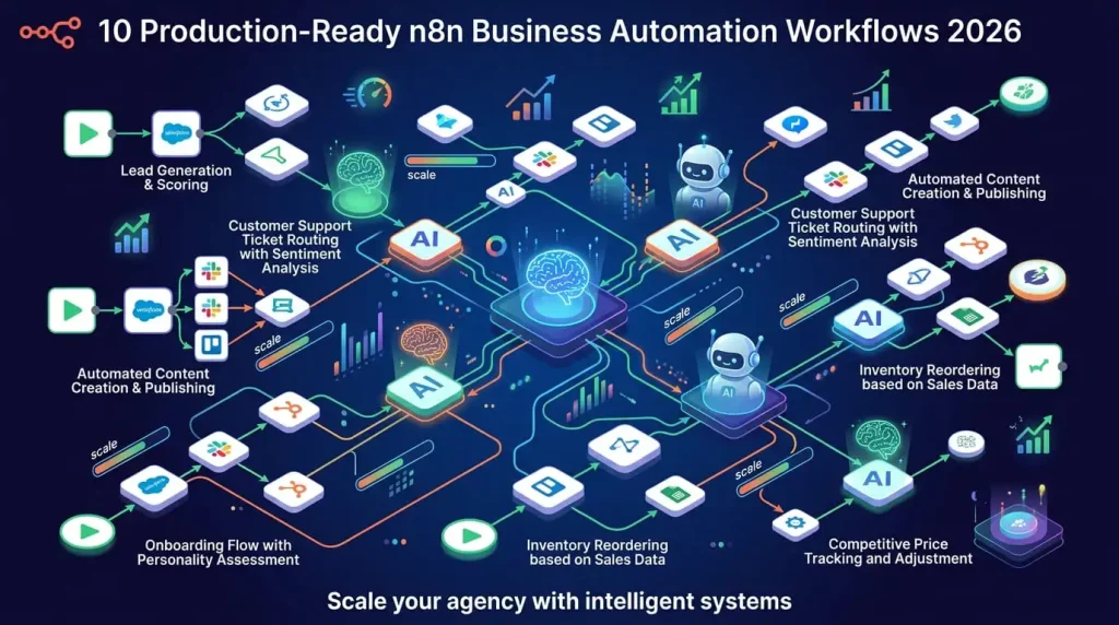 Complex n8n automation workflows connecting AI nodes with business tools for autonomous scaling.