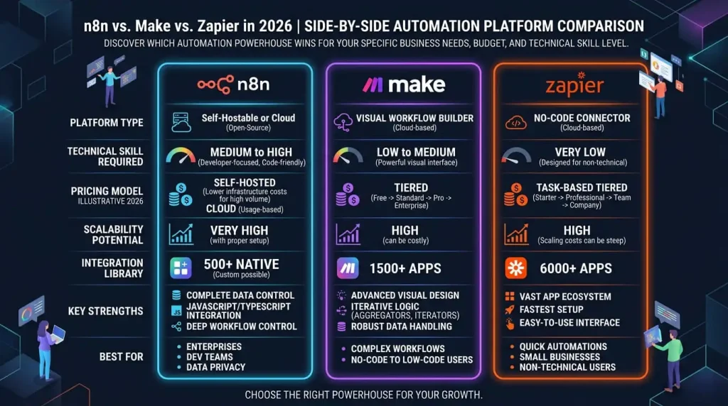 Side-by-side comparison of n8n, Make, and Zapier automation platforms for business scaling.