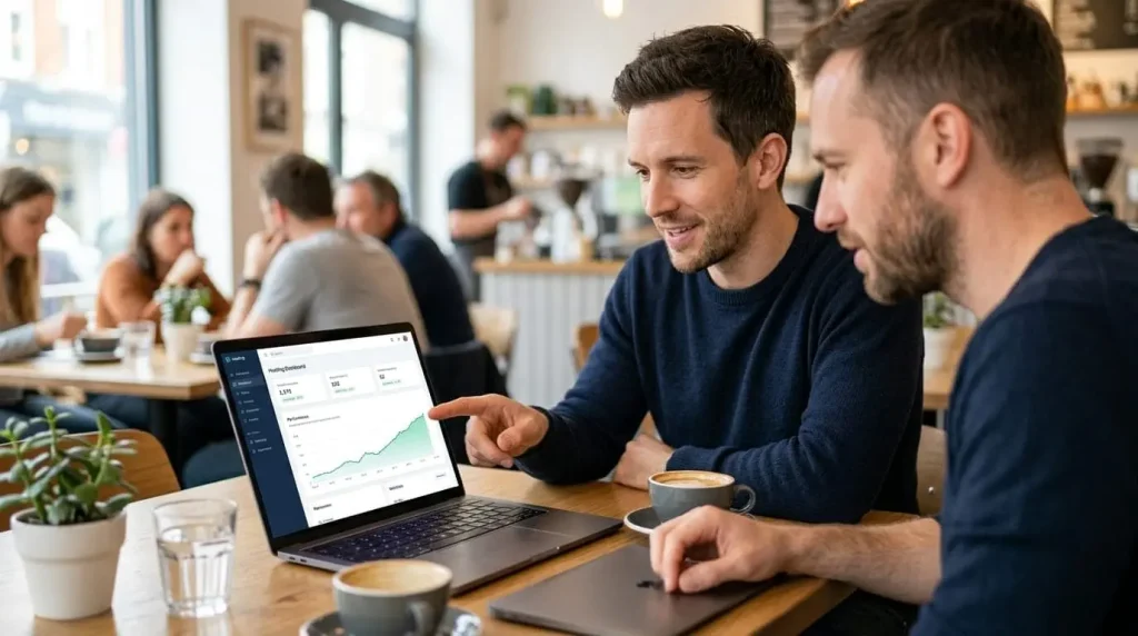 Two friends in their 30s working together in a cafe looking at improving performance charts on a laptop hosting dashboard.
