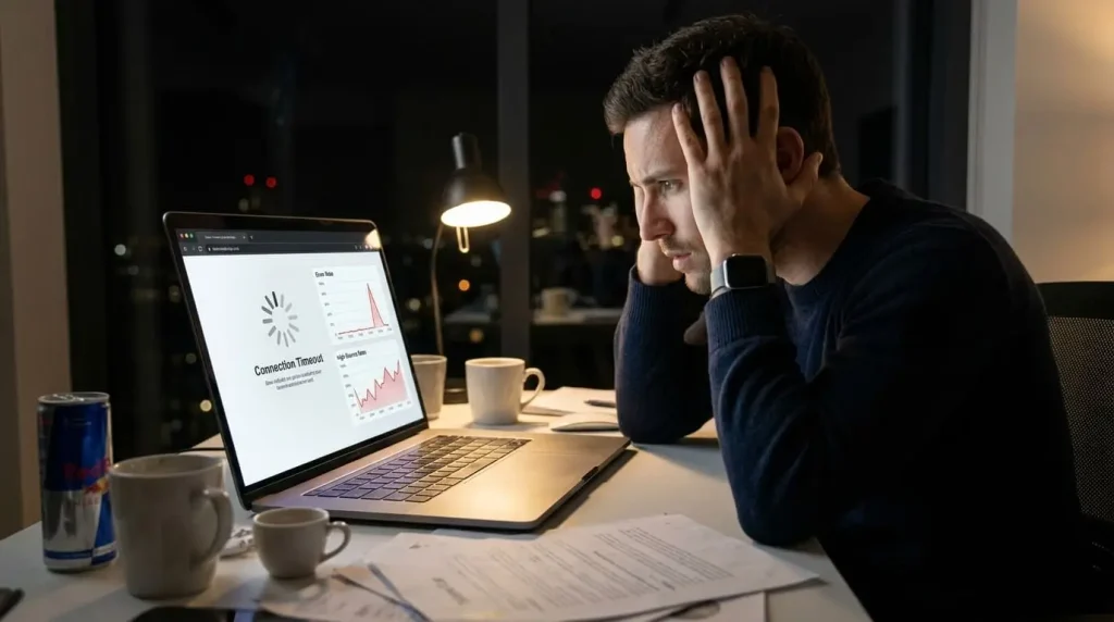 Frustrated solo entrepreneur at a desk at night looking at a slow loading website and error graphs on a laptop screen.