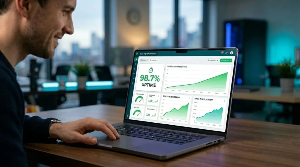 Modern clean workspace with a laptop showing a fast analytics dashboard with green upward graphs and 99.9 percent uptime.