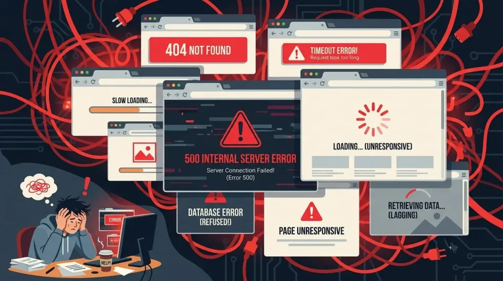 Flat illustration of a slow website with 500 error messages loading spinners and tangled red cables.